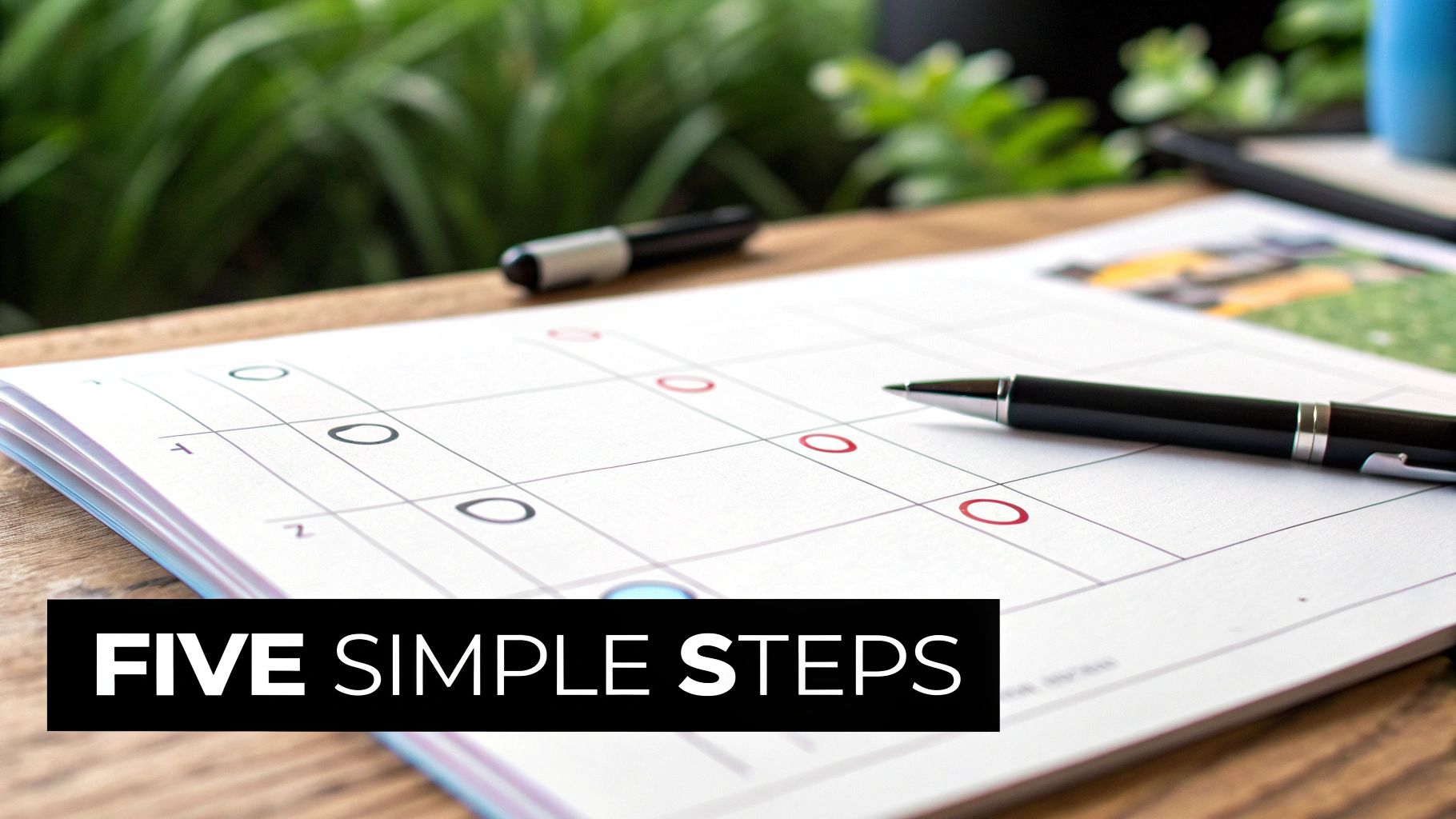 Five simple steps text overlay on calendar with pens on wooden desk for planning