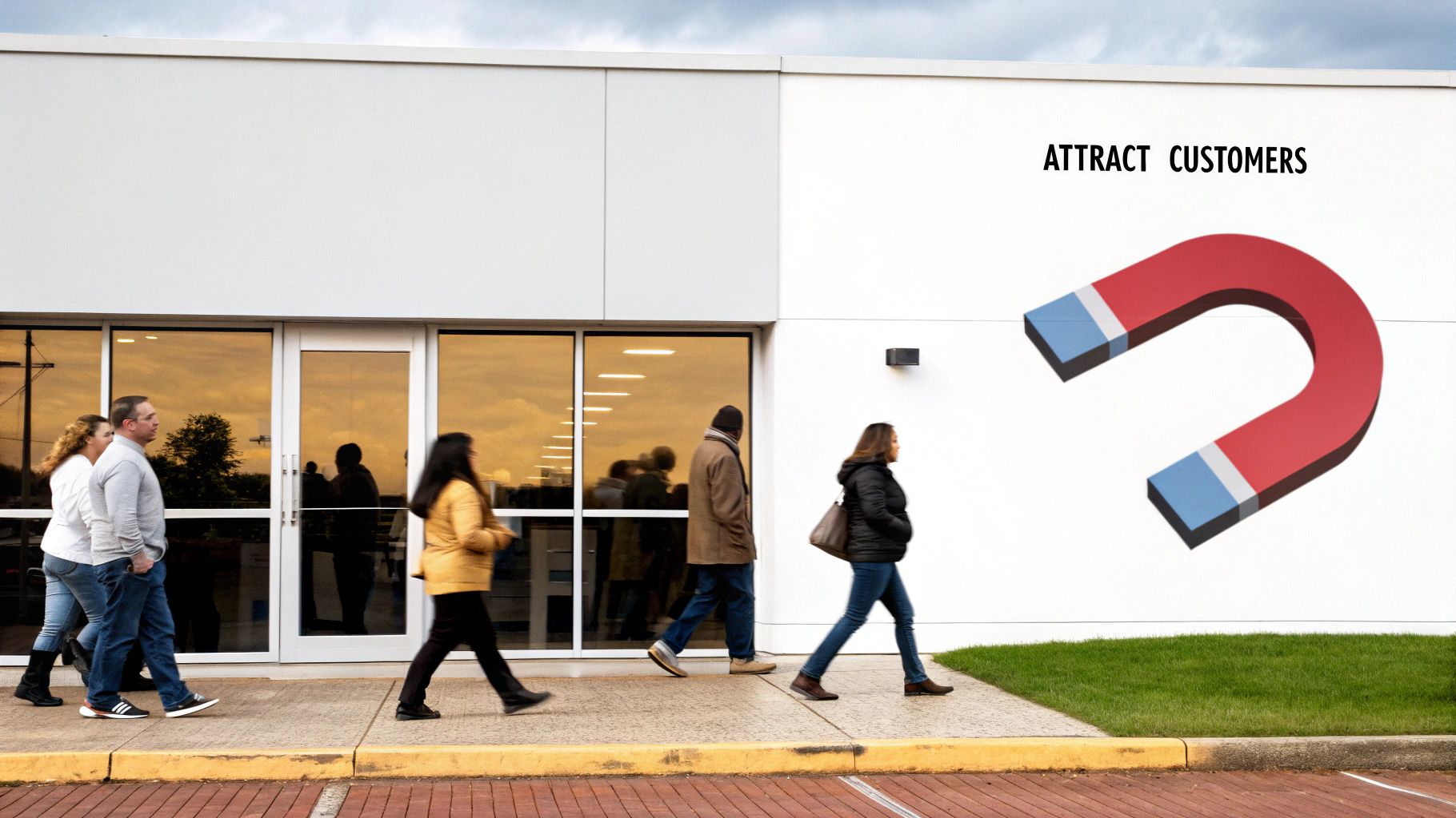 People walk by a modern building featuring an 'ATTRACT CUSTOMERS' sign and a giant magnet drawing.