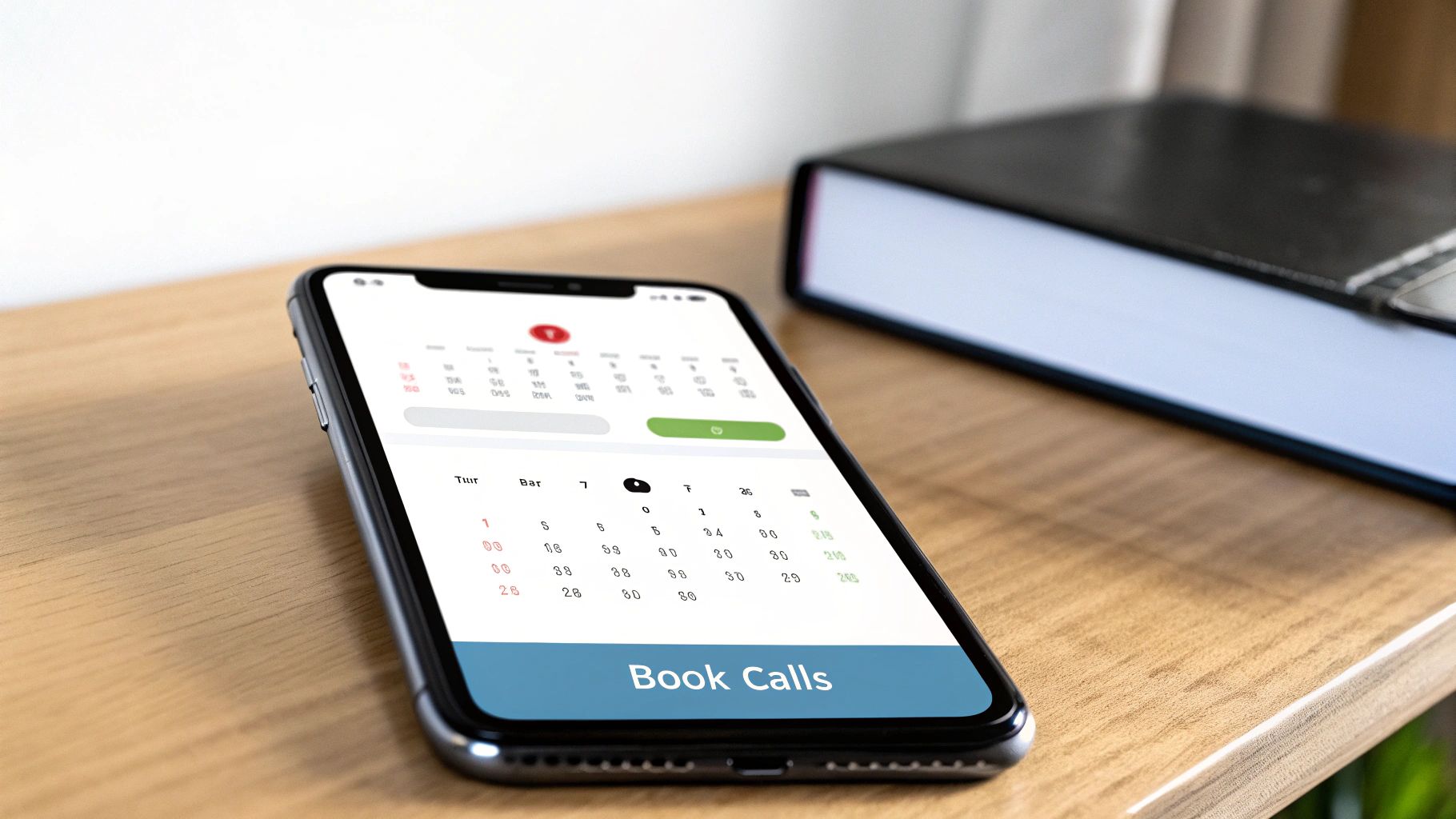 Smartphone displaying booking calendar app with available time slots on wooden desk workspace