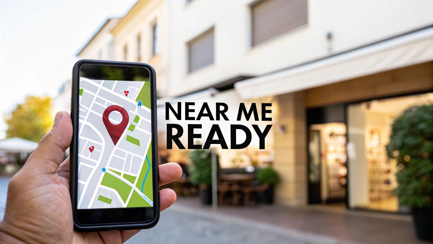 Person holding smartphone with map showing nearby location pins and text near me ready