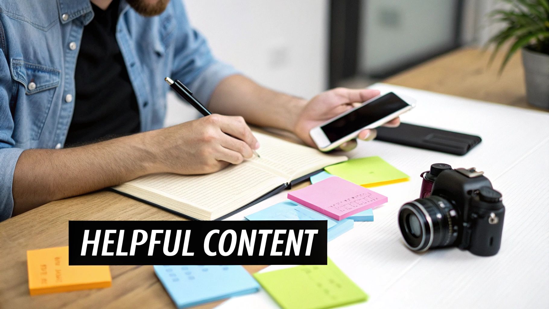 A person writing in a notebook with a pen, holding a phone, surrounded by sticky notes and a camera.