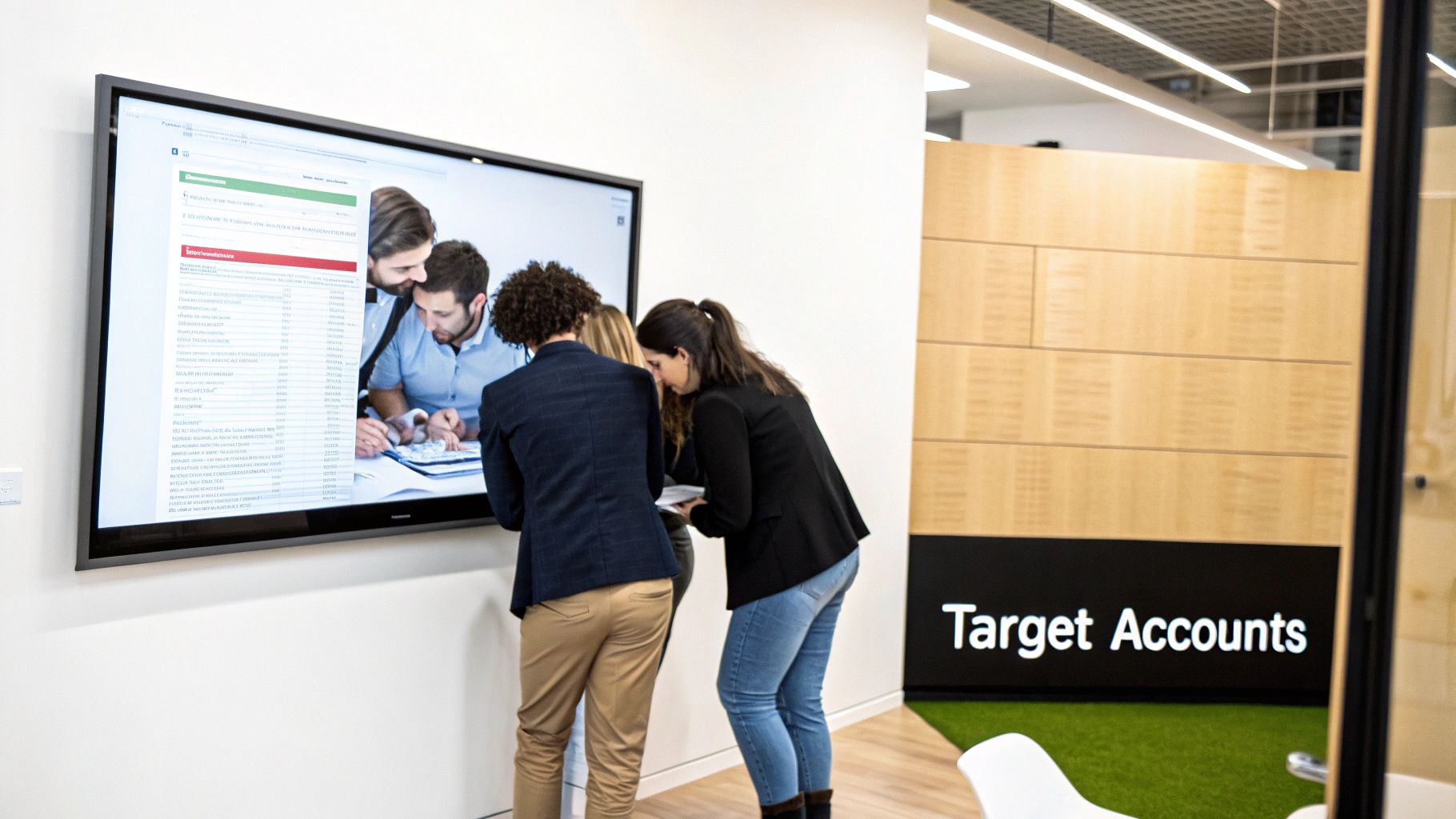 Three professionals collaborate around a large screen displaying business data in a modern office.