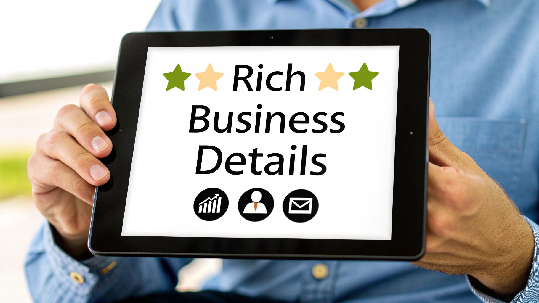 Person holding tablet displaying rich business details with star rating and contact icons for local SEO