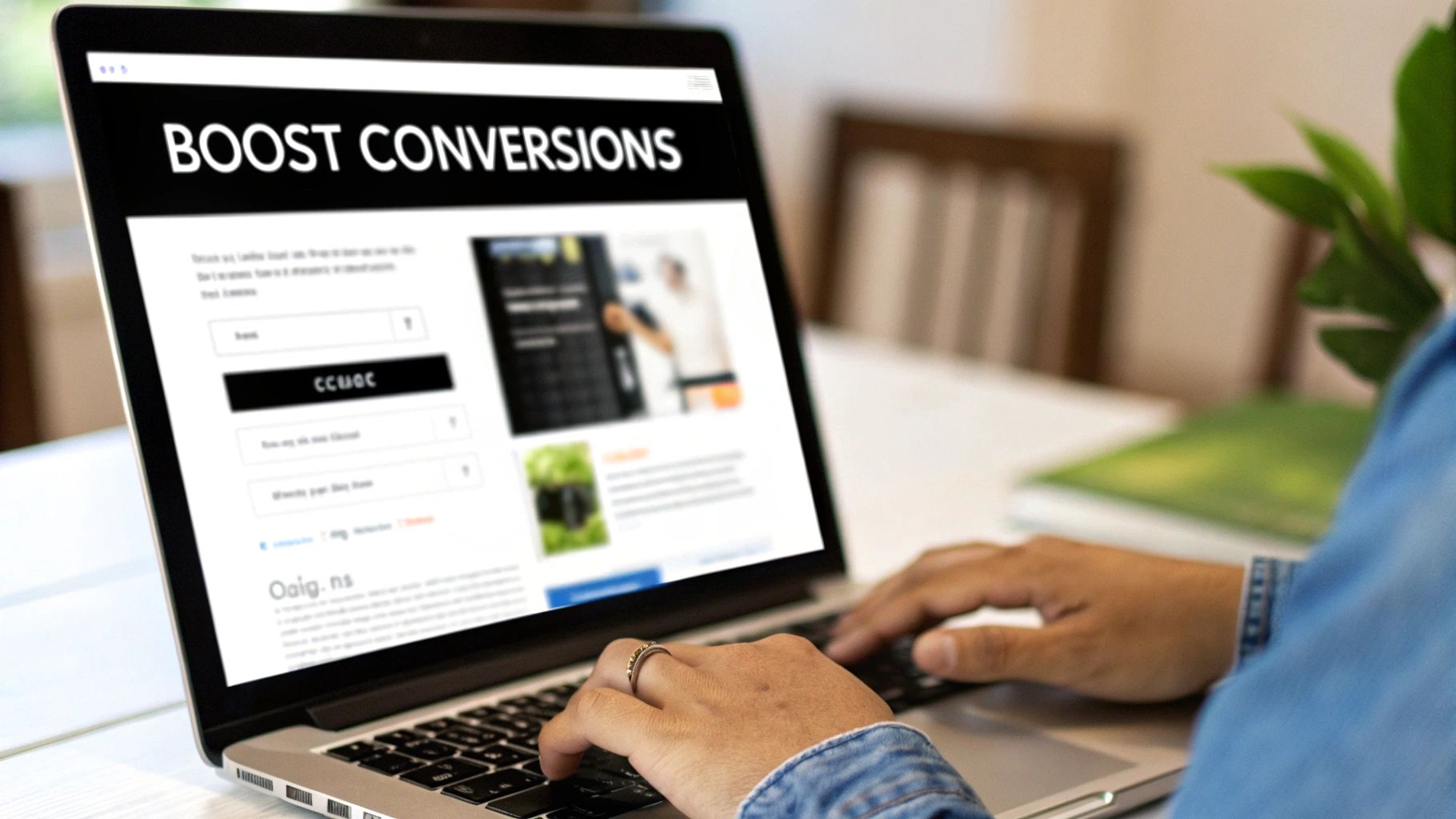 A person types on a laptop screen displaying 'BOOST CONVERSIONS' in large white letters.