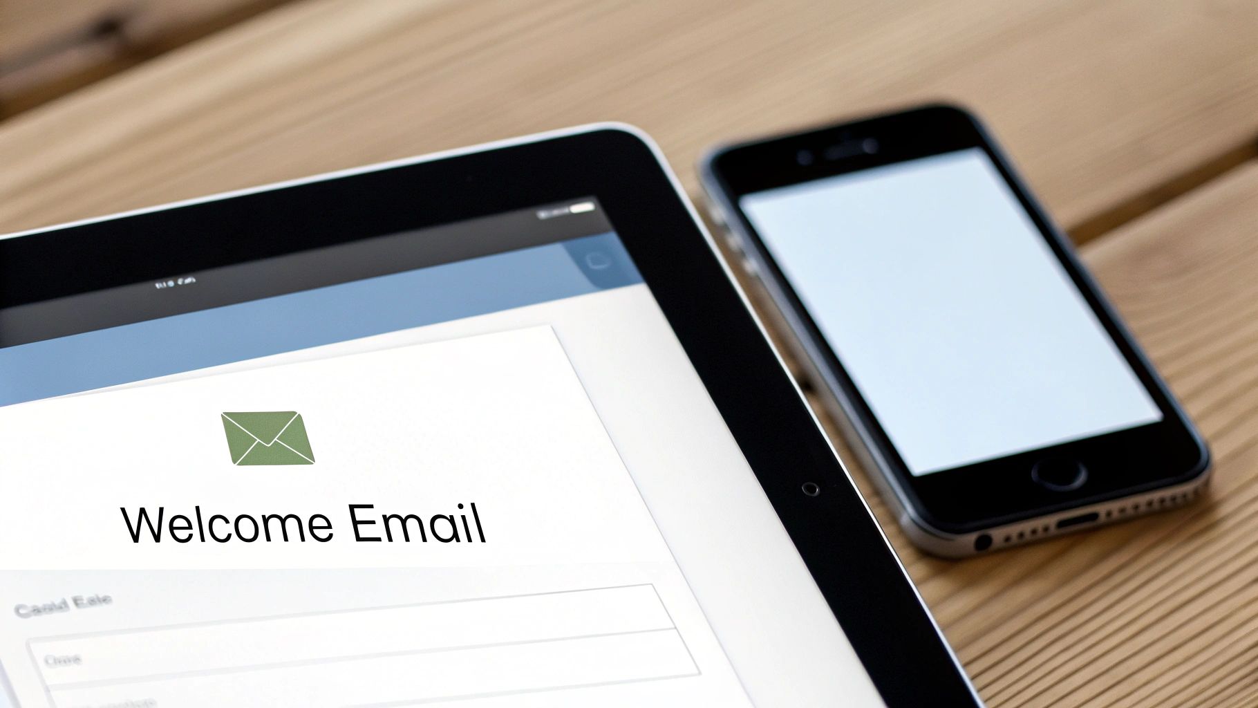 A tablet displaying a welcome email with an envelope icon, next to a smartphone on a wooden table.