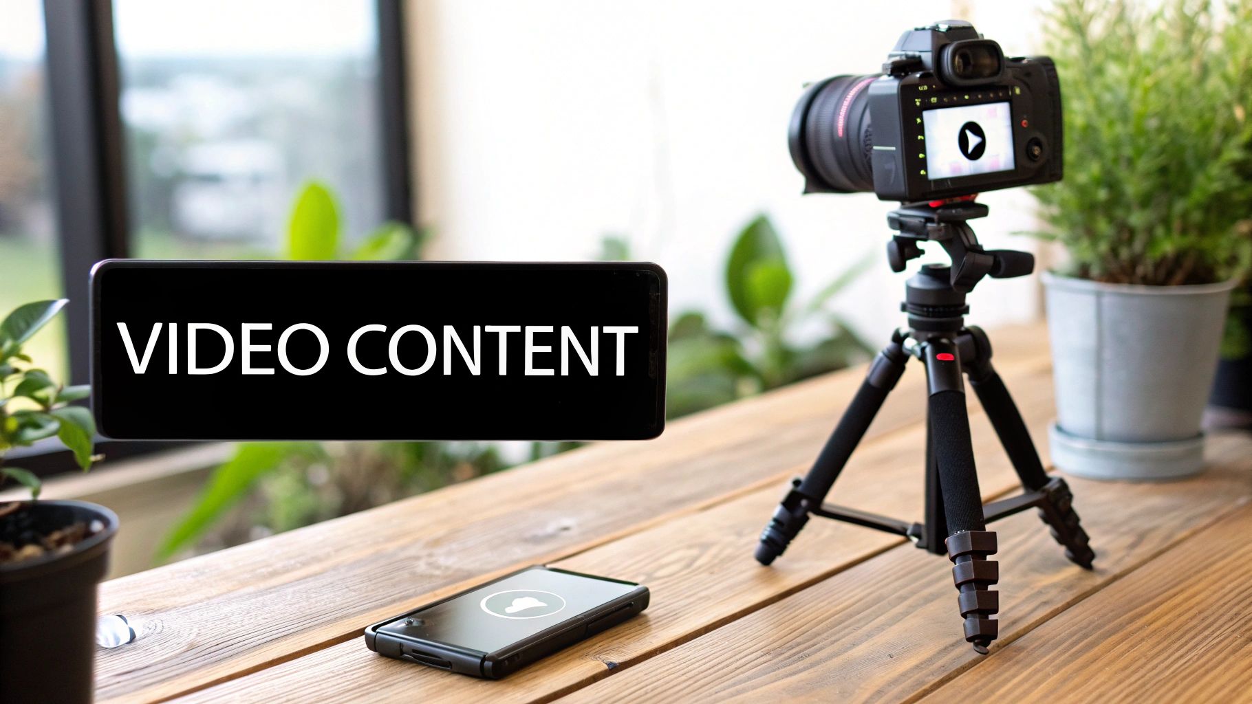 A video camera on a tripod, a tablet displaying 'VIDEO CONTENT', and a smartphone on a wooden desk.