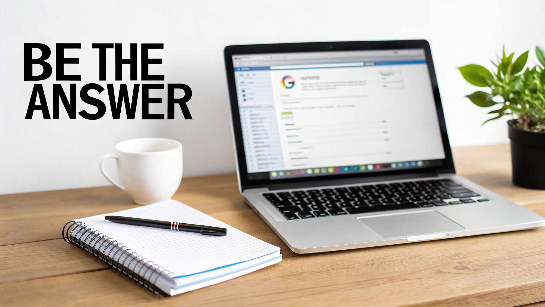 A clean wooden desk setup featuring a laptop, notebook, pen, coffee mug, and a plant, with 'BE THE ANSWER' text on the wall.