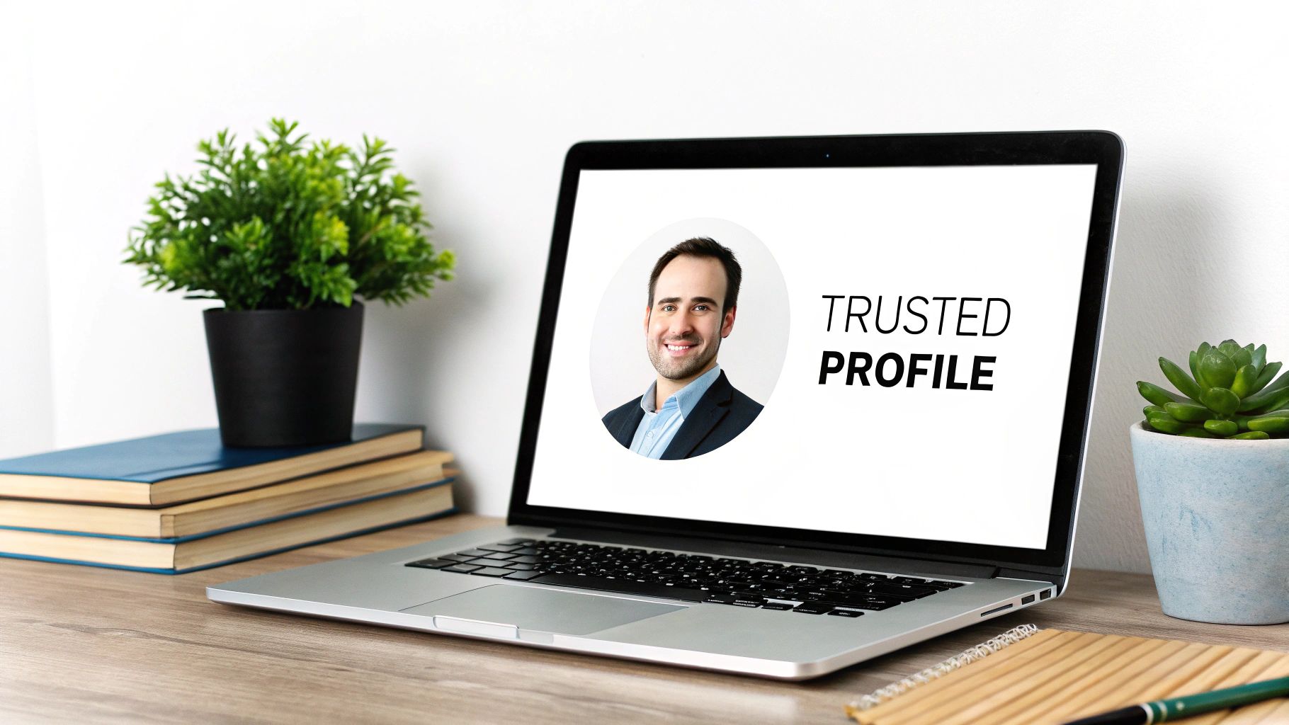 Professional business person profile displayed on laptop screen representing trusted LinkedIn presence and credibility