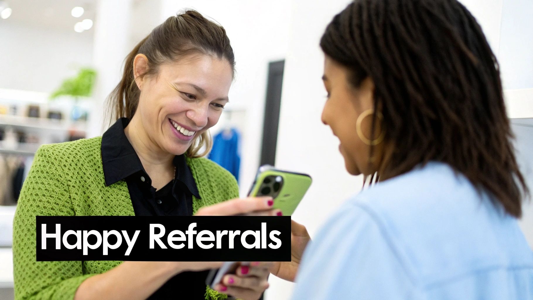 Two women smiling while looking at a smartphone, possibly sharing a referral in a retail setting.