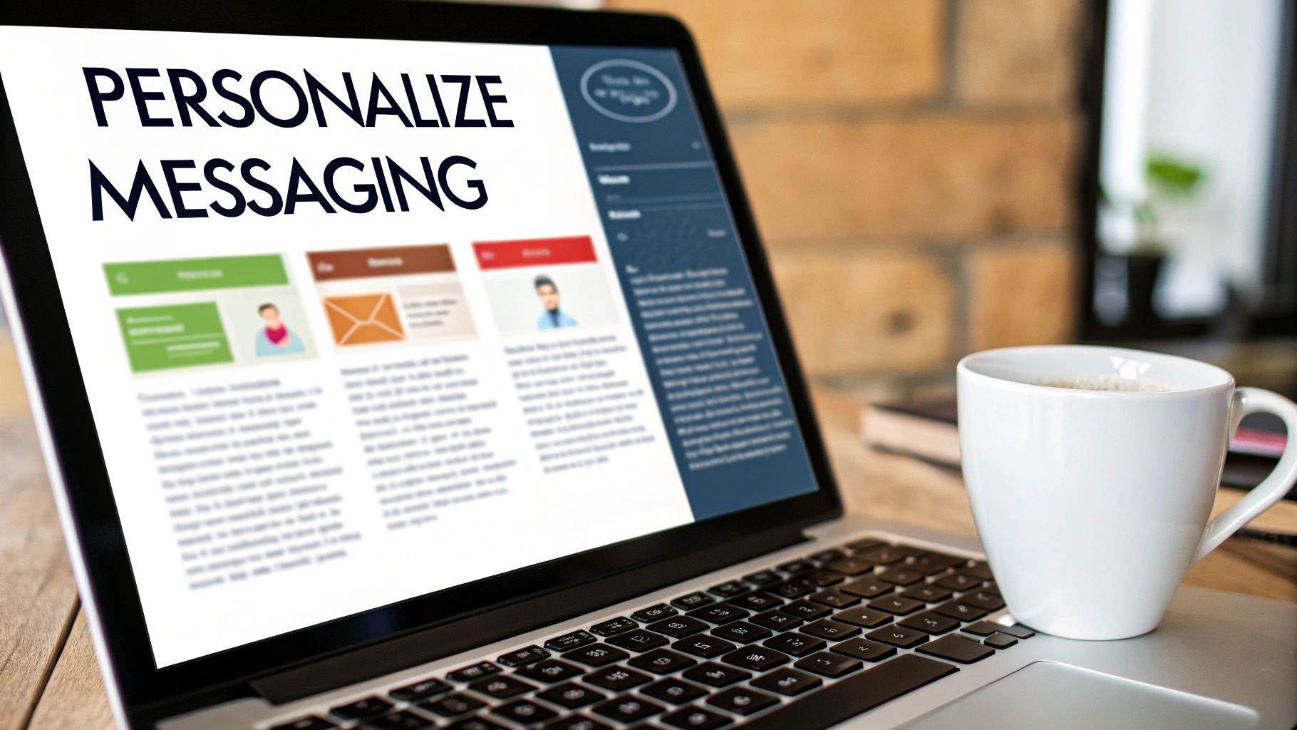 Laptop displaying personalized messaging strategy with colorful interface cards and coffee cup on desk