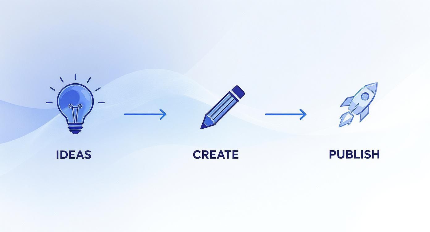 A three-step creative process diagram: lightbulb for ideas, pencil for create, and rocket for publish.
