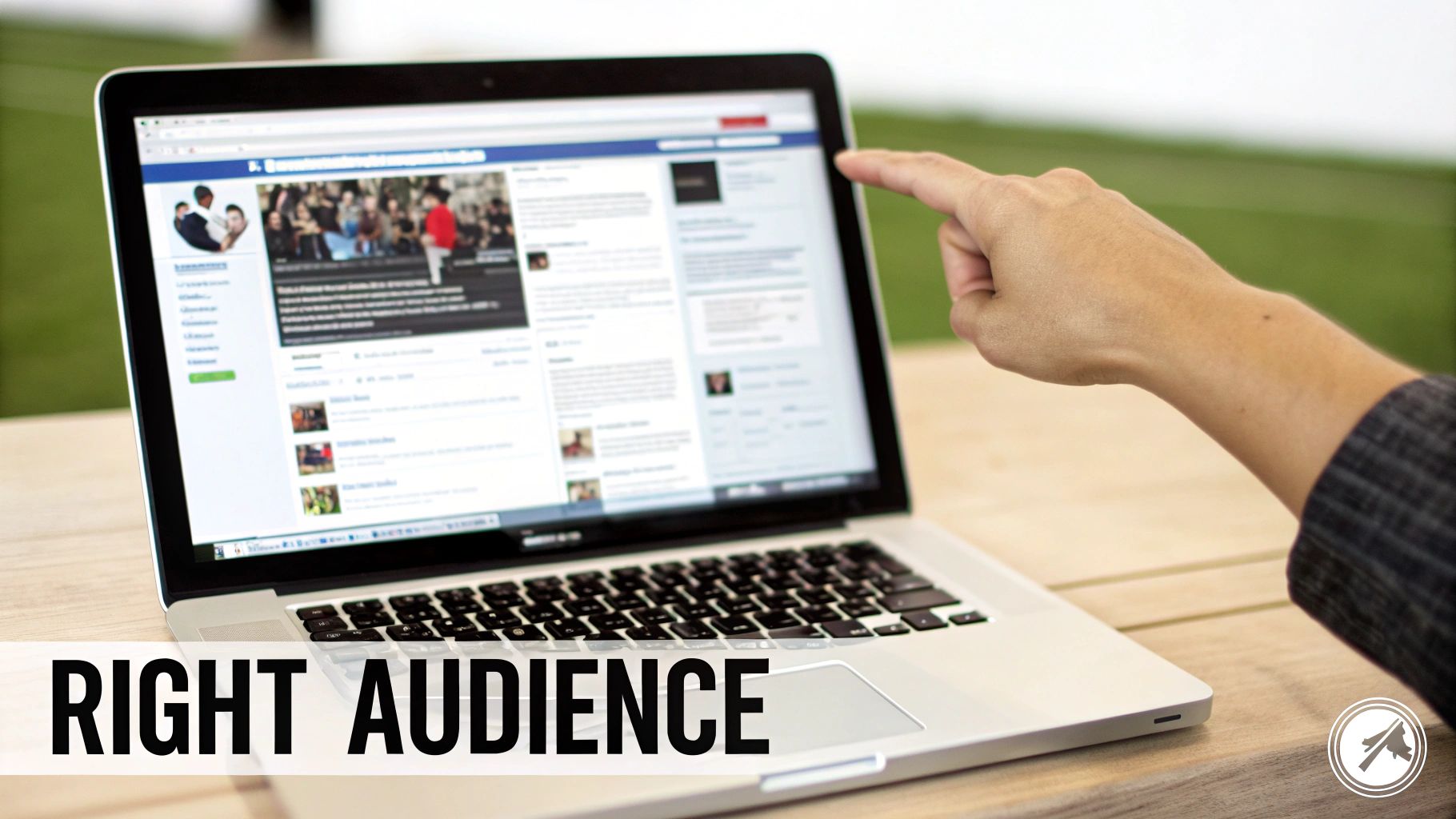 A hand points at a laptop screen displaying a Facebook feed, with 'RIGHT AUDIENCE' overlay.
