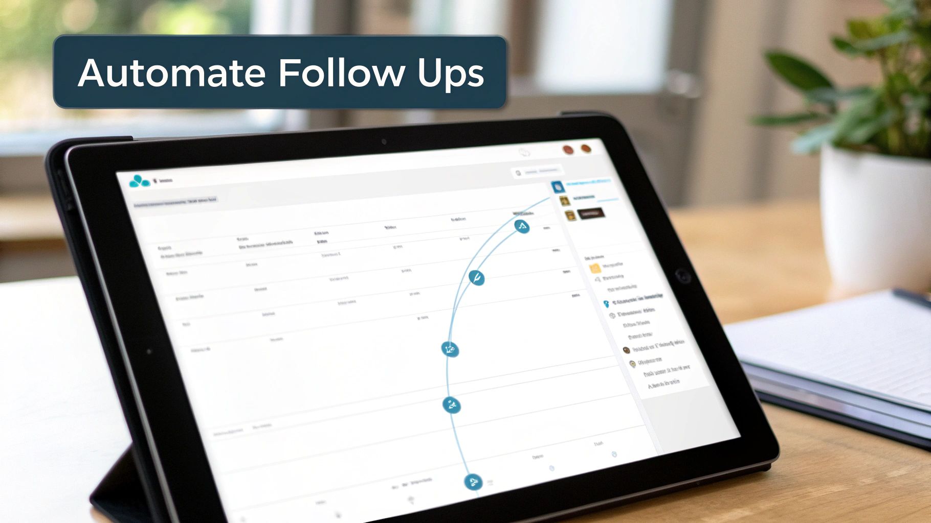 A tablet displays business software with a workflow diagram and 'Automate Follow Ups' text overlay.
