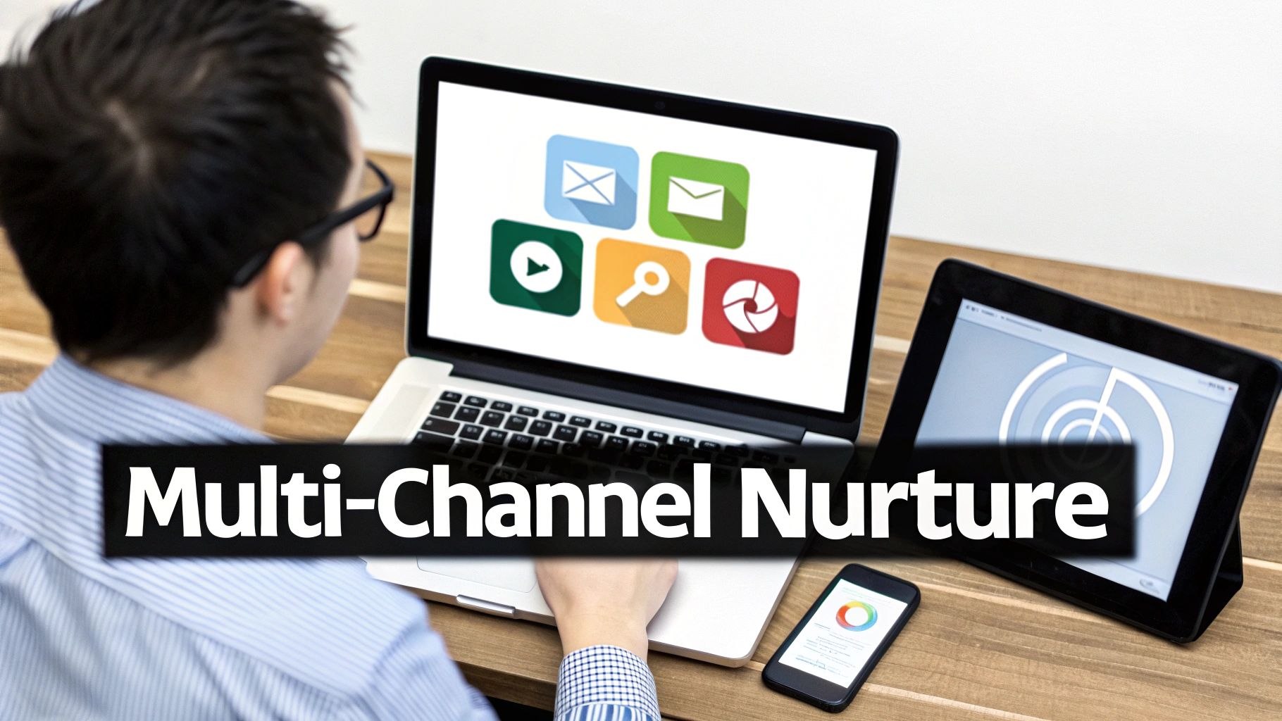 Professional viewing multi-channel nurture strategy icons on laptop with email, video, search, and camera symbols