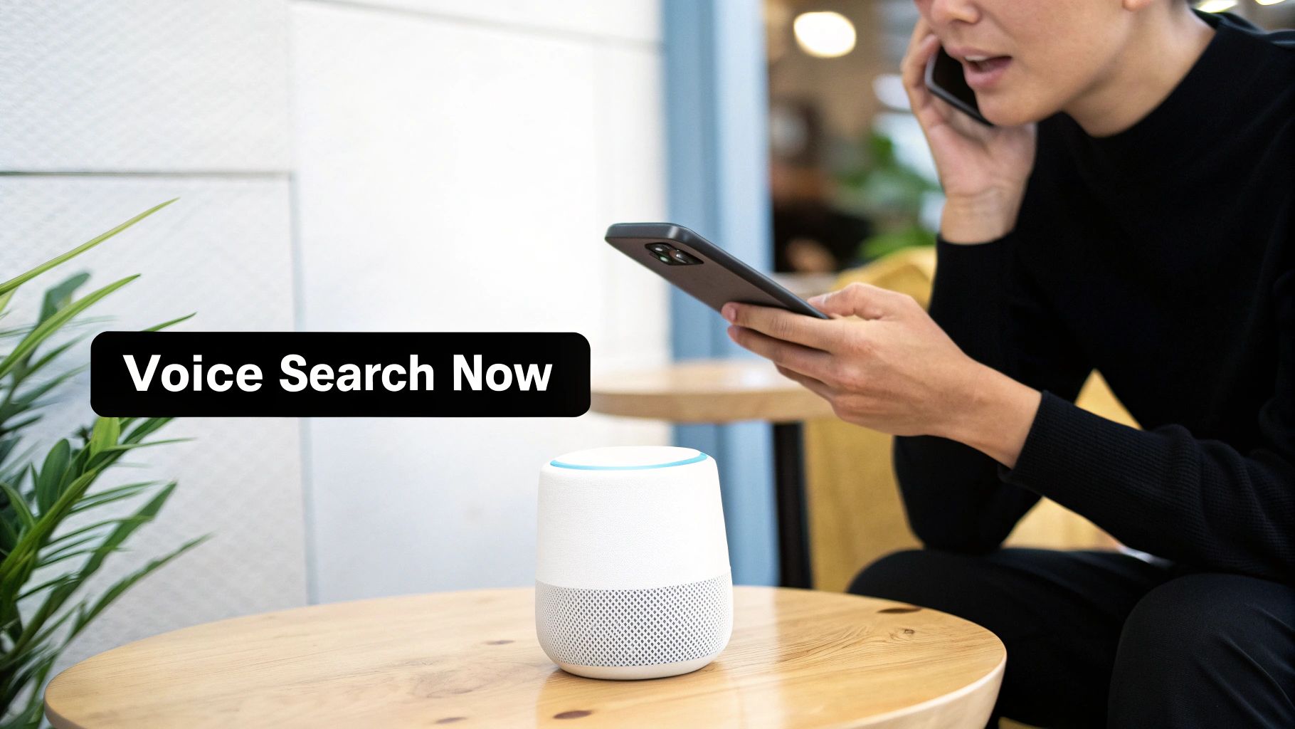 Person using smartphone with voice assistant smart speaker device on wooden table for voice search