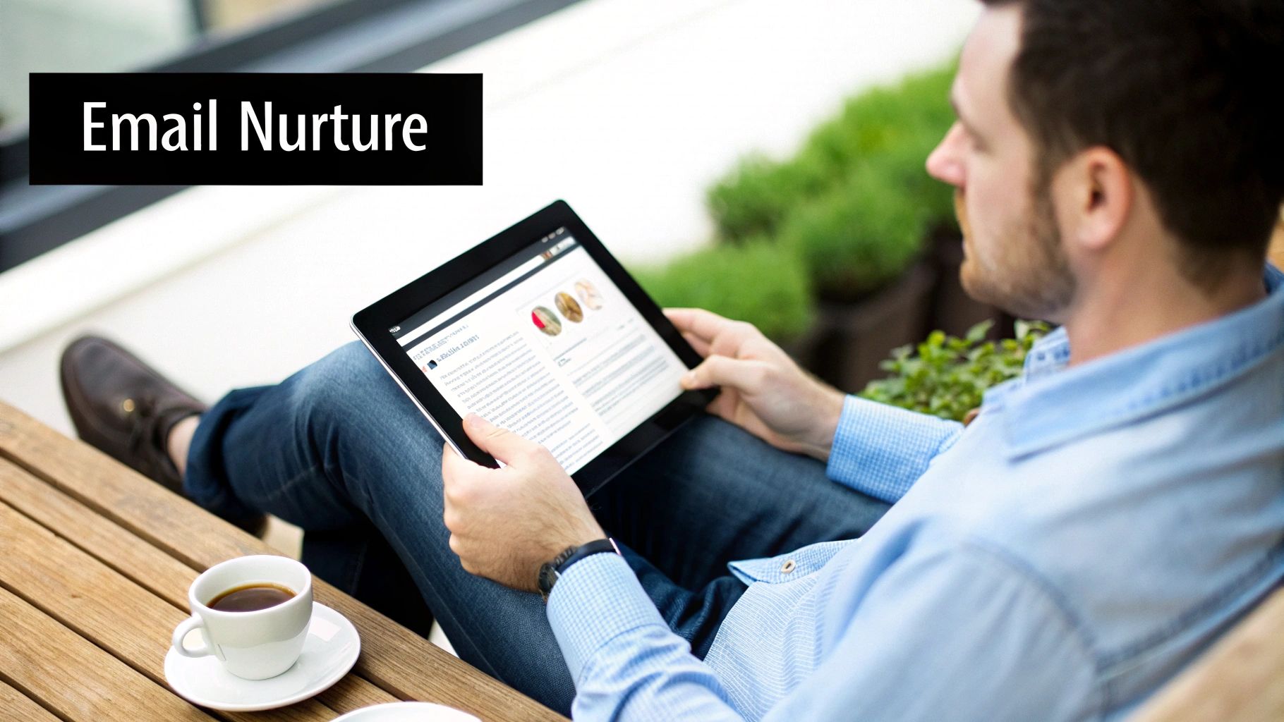 Man relaxing outdoors, reading 'Email Nurture' content on a tablet with a cup of coffee.