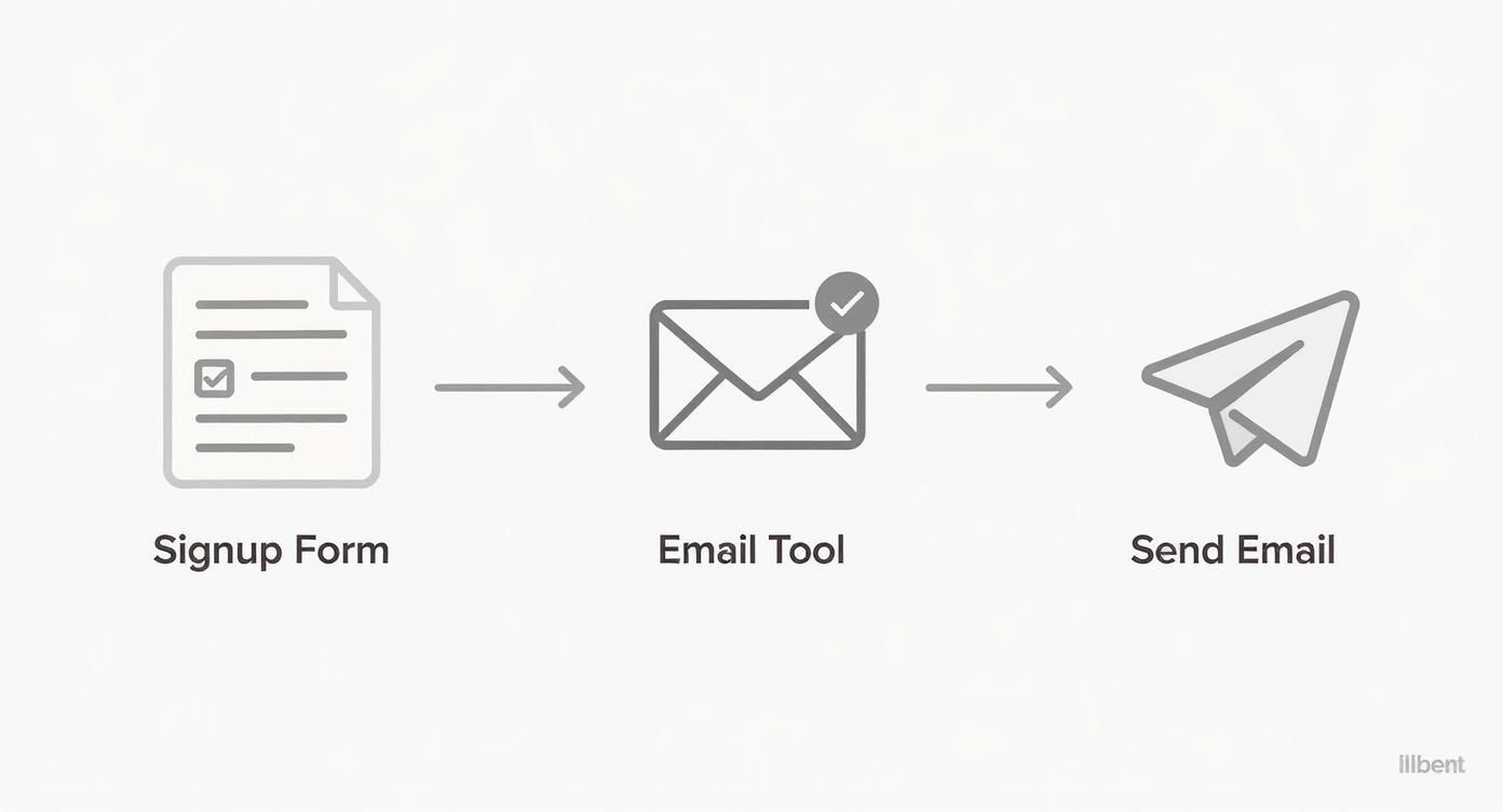A three-step workflow diagram illustrating a signup form, followed by an email tool, then sending an email.