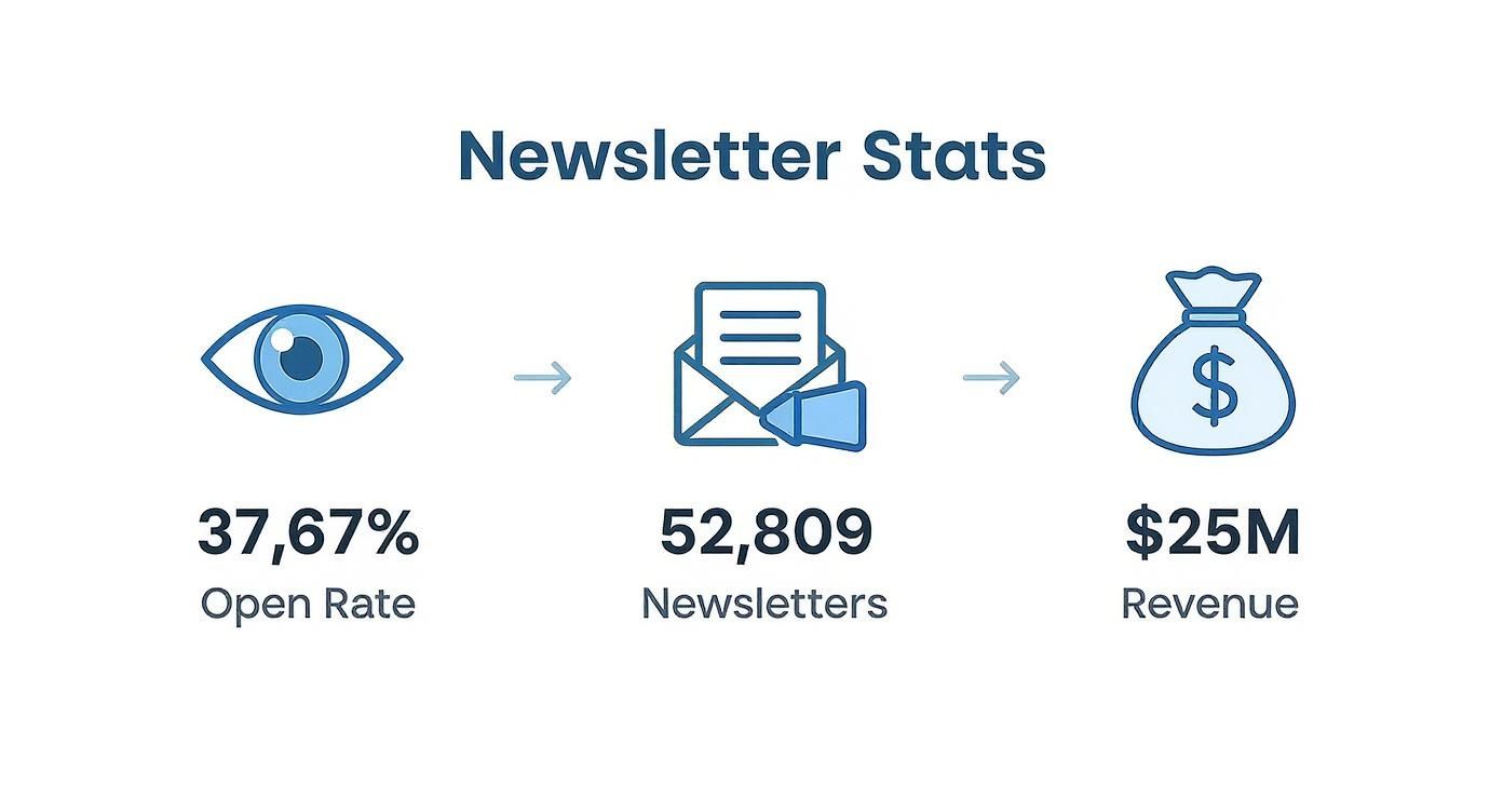 Infographic showing newsletter statistics: 37.67% open rate, 52,809 newsletters, and $25M revenue.