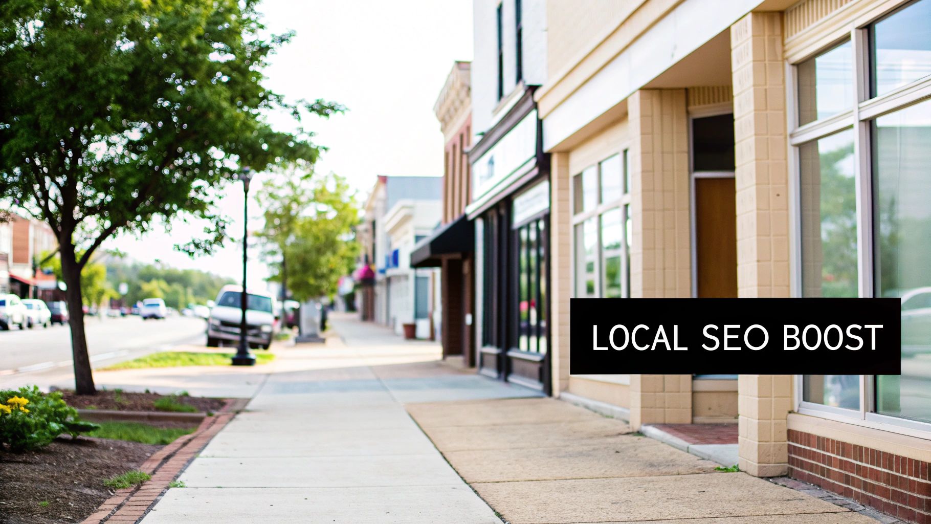 Small town main street with local business storefronts and sidewalk promoting local SEO strategies