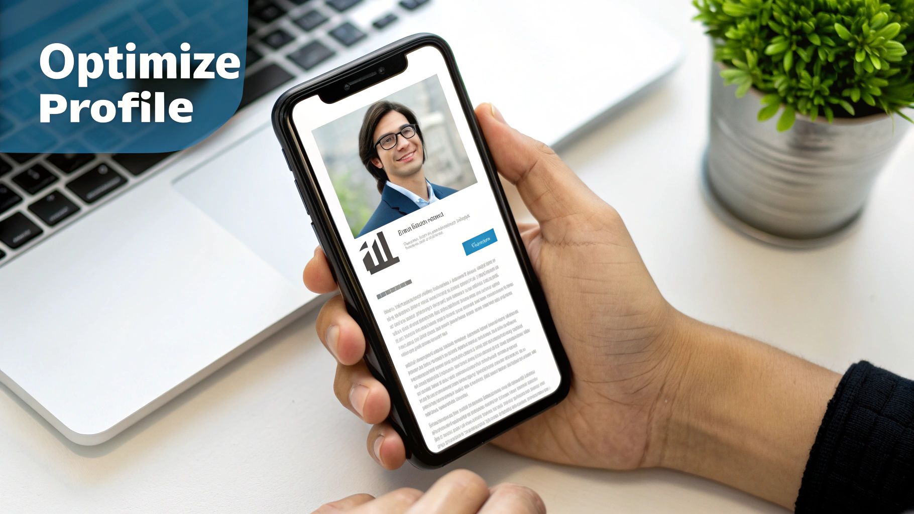 Hand holding a smartphone displaying a professional profile with an 'Optimize Profile' text overlay.