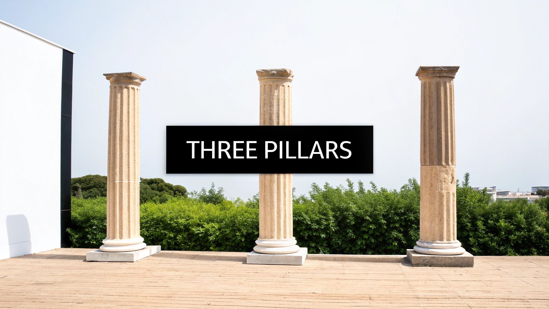 Three interconnected pillars standing strong, representing Search Intent, Entities, and Topical Authority.