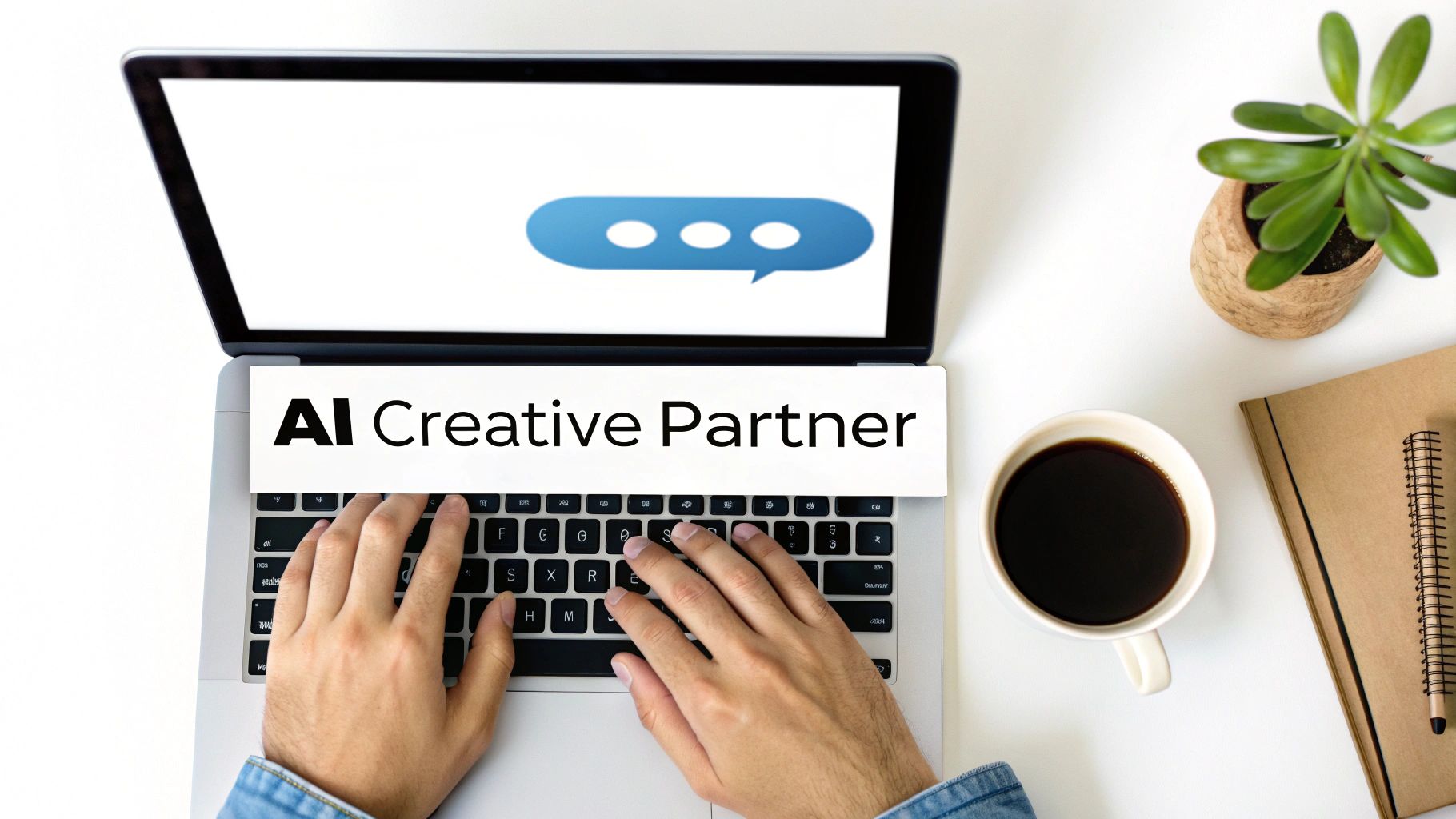 Overhead view of hands typing on a laptop with 'AI Creative Partner' banner and a chat icon on screen.