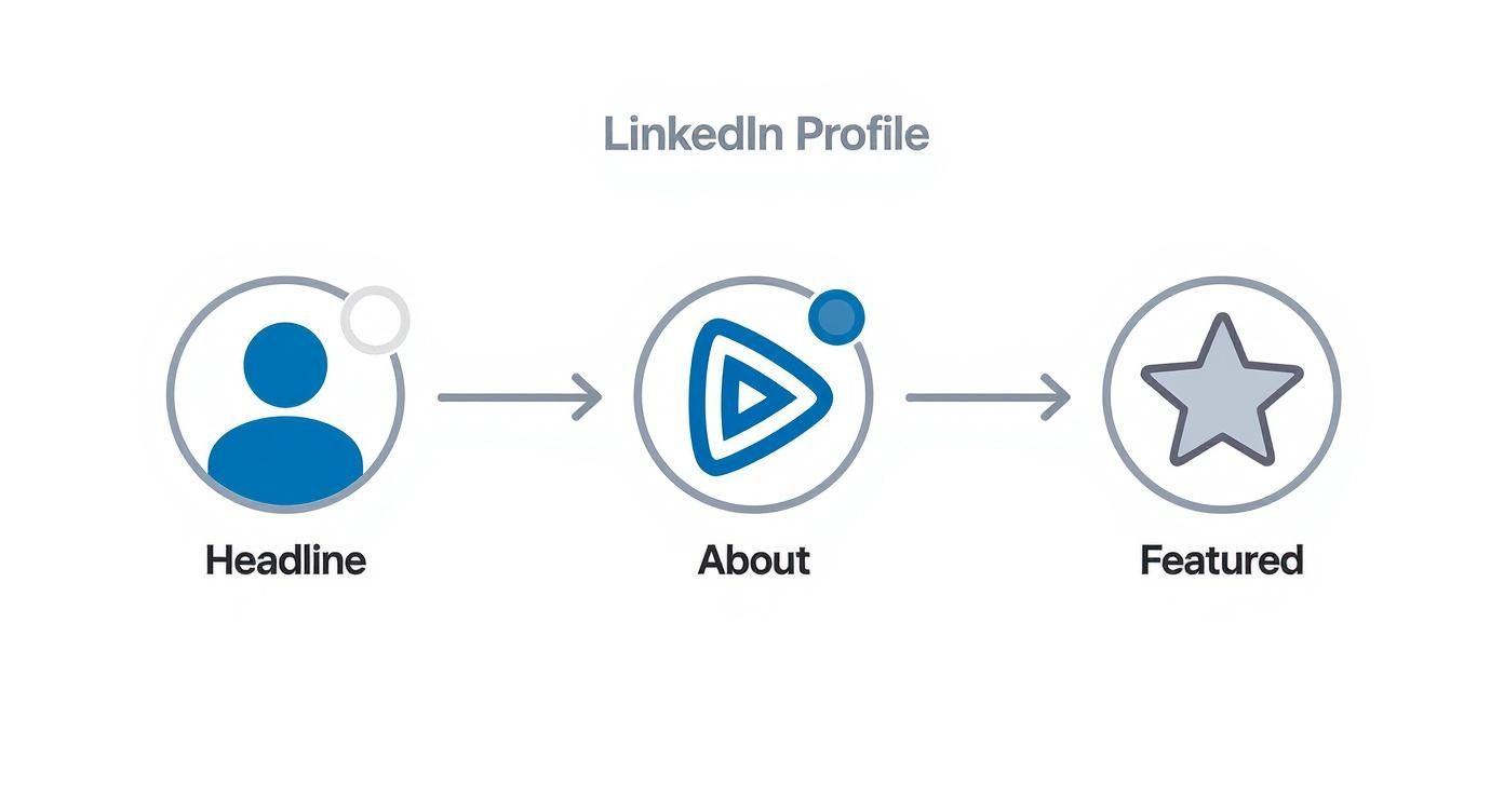 Diagram showing LinkedIn profile sections: Headline, About, and Featured, with corresponding icons.
