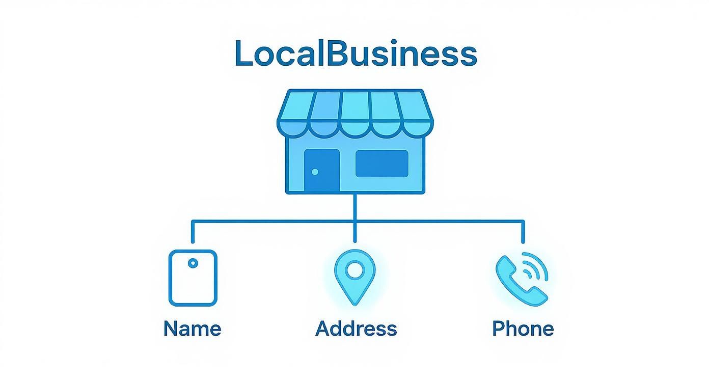 Local business schema markup diagram showing storefront connected to name, address, and phone information icons