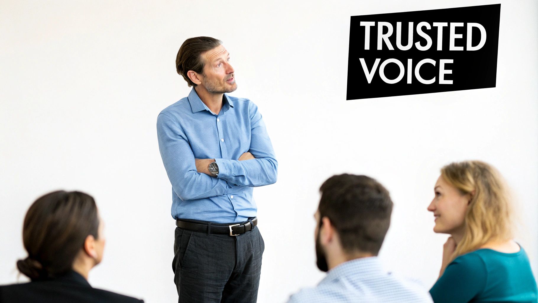 A male speaker with crossed arms presenting to an audience under a 'Trusted Voice' sign.