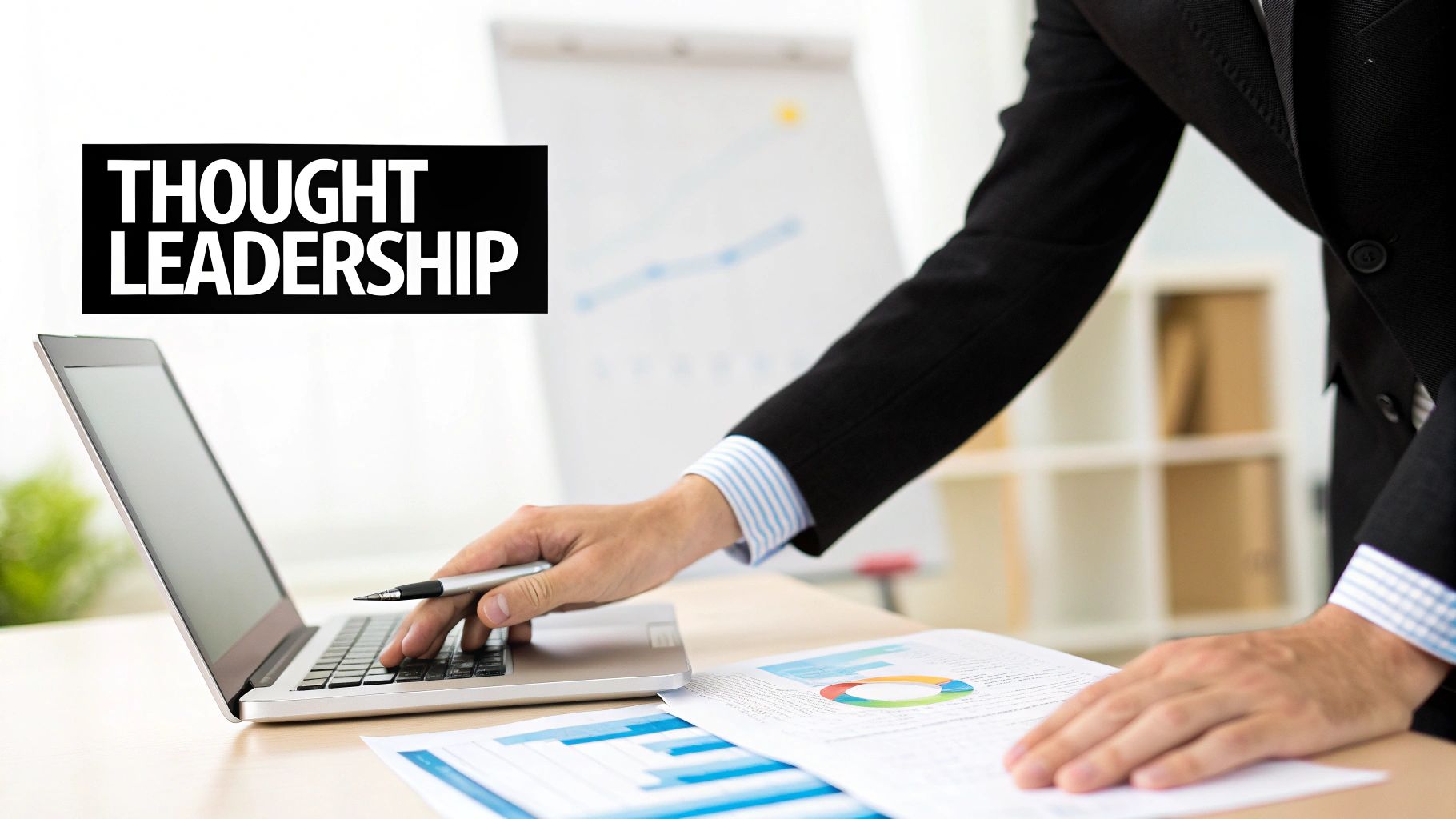 A person working on a laptop and analyzing business documents with charts, highlighting 'THOUGHT LEADERSHIP'.