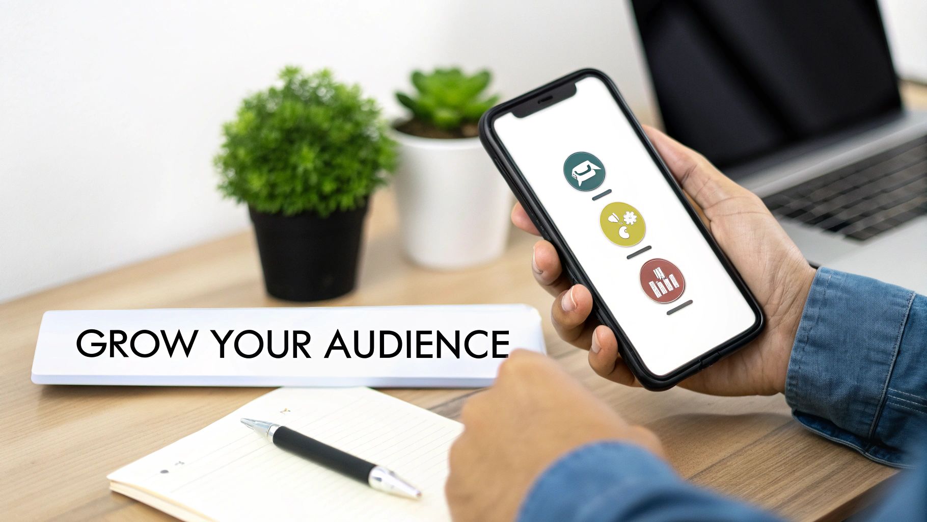 Person holding a smartphone displaying business app icons on a desk with a 'GROW YOUR AUDIENCE' sign.