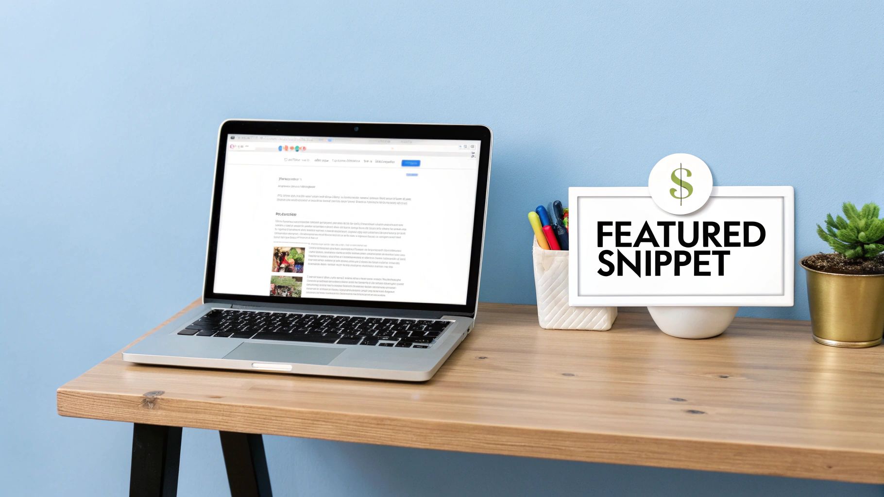 A desk setup with a a laptop displaying a search result and a 'FEATURED SNIPPET' sign with a dollar icon.