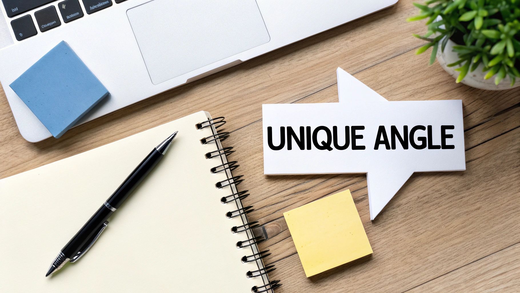 A desk flat lay with a laptop, notebook, pen, and speech bubble reading 'UNIQUE ANGLE'.