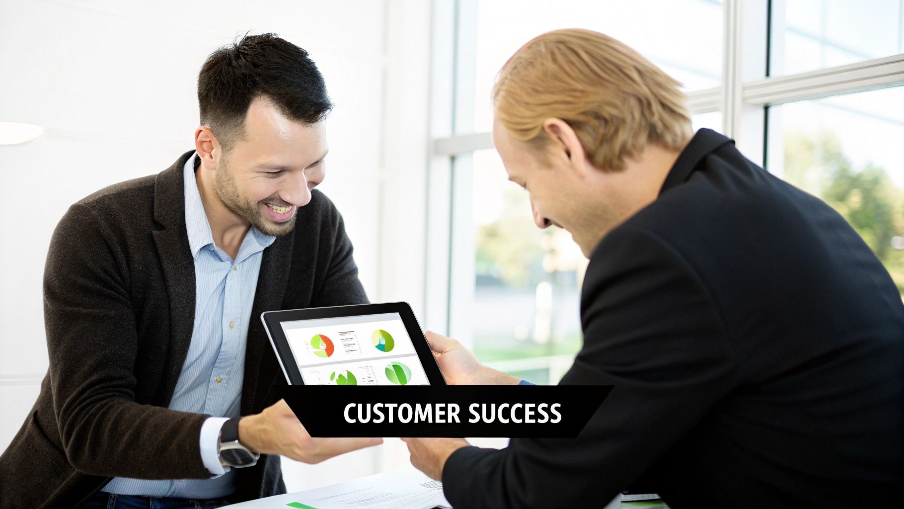 Two businessmen reviewing data charts on a tablet, smiling and collaborating on customer success.