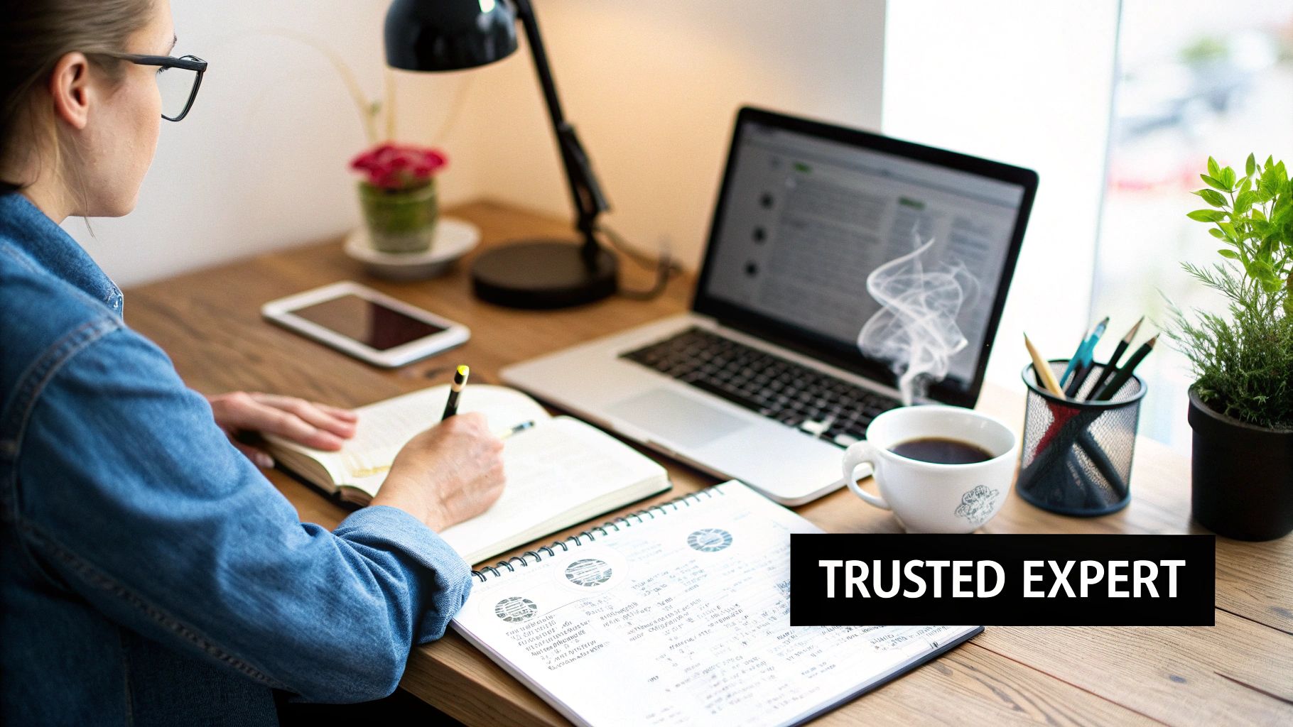 Professional woman working at desk with laptop and notebook, establishing trusted expert authority
