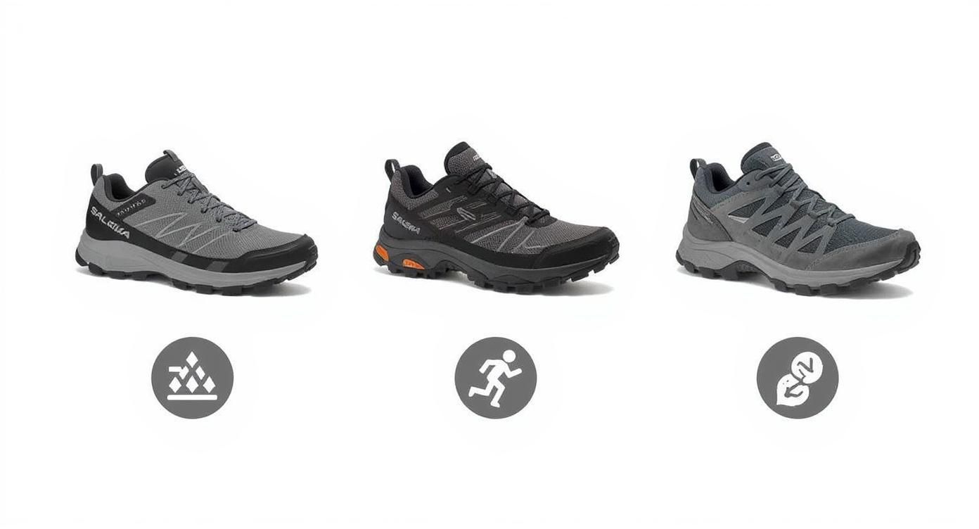 Infografik, die den Salewa Alp Trainer 2 Wanderschuh mit einem Trailrunning-Schuh und einem Trekkingstiefel vergleicht.