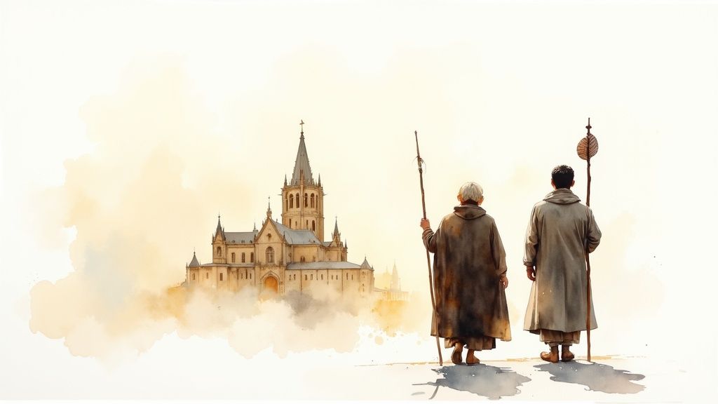 Zwei Pilger mit Wanderstäben betrachten die majestätische Kathedrale von Santiago de Compostela in Aquarellmalerei