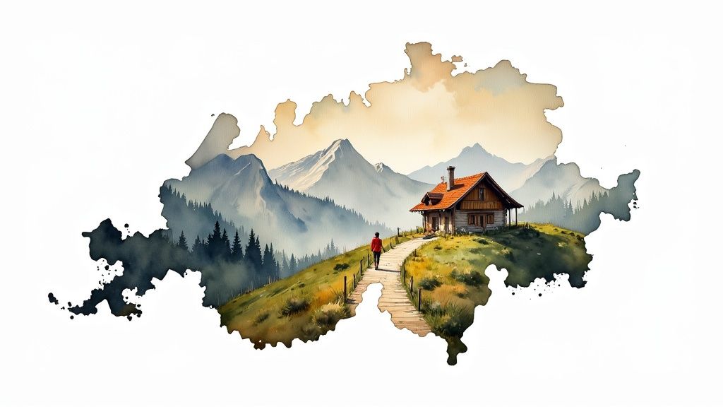 Ein Wegweiser mit der Jakobsmuschel in einer österreichischen Berglandschaft.