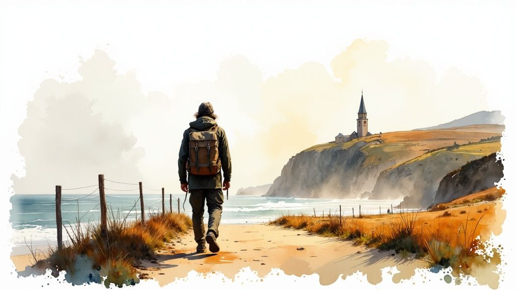 Ein Pilger wandert auf einem Holzsteg entlang der malerischen portugiesischen Küste am Jakobsweg.