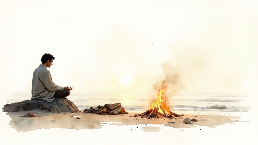 Eine Person sitzt auf den Felsen am Kap Finisterre in Spanien und blickt nachdenklich auf den Sonnenuntergang über dem Atlantik.