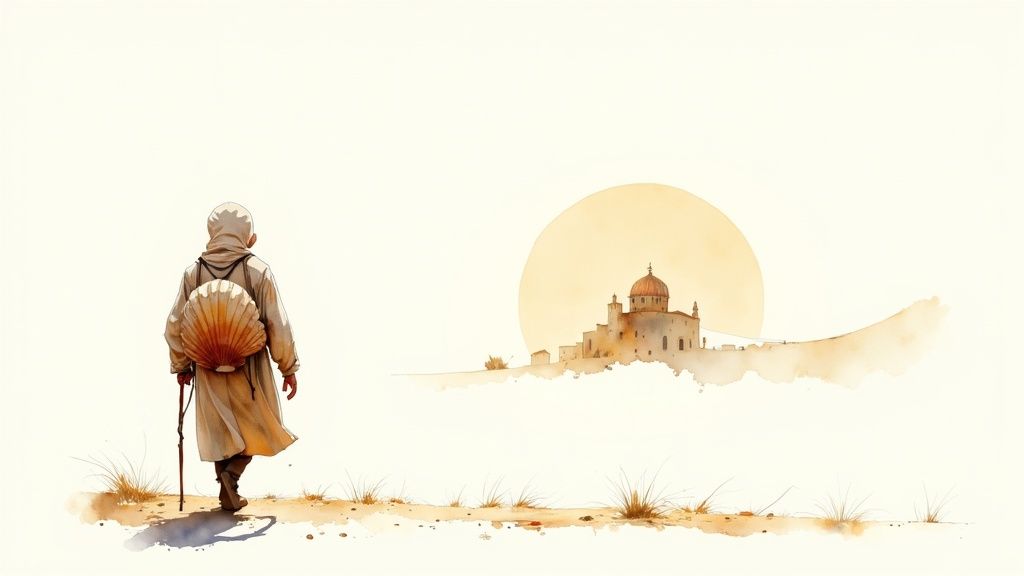 Ein Pilger wandert durch eine sonnige Landschaft auf dem Jakobsweg