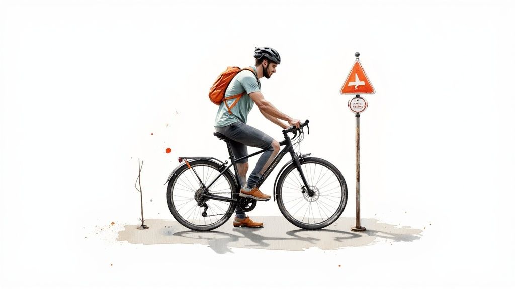 Eine Pilgerin auf dem Jakobsweg mit dem Rad macht eine Pause und blickt auf die Landschaft.