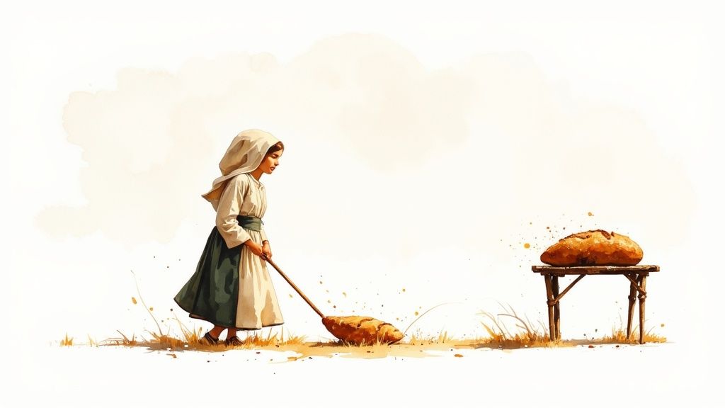 Ein gelber Pfeil auf einem Stein markiert den Jakobsweg, im Hintergrund ein malerischer Pilgerpfad.