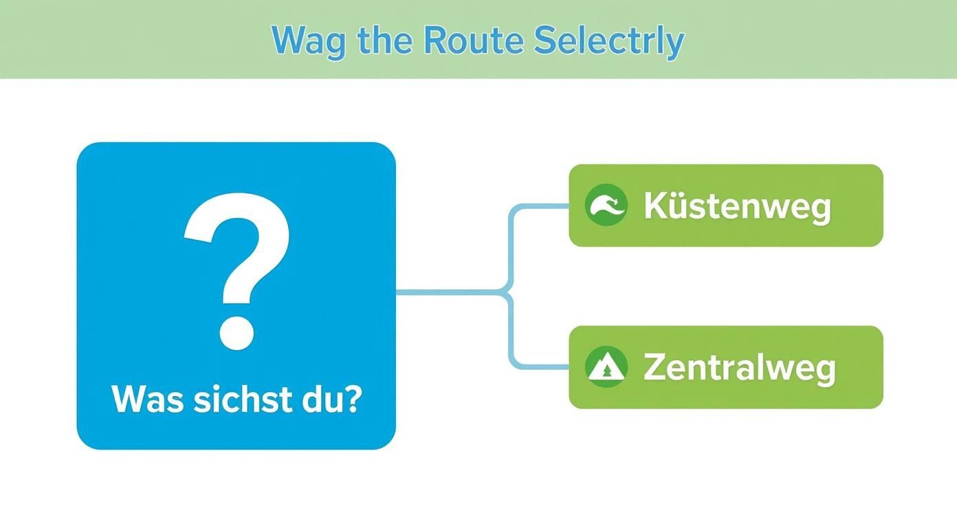 Infografik zur Entscheidung zwischen Küstenweg und Zentralweg auf dem Jakobsweg von Porto nach Santiago de Compostela.