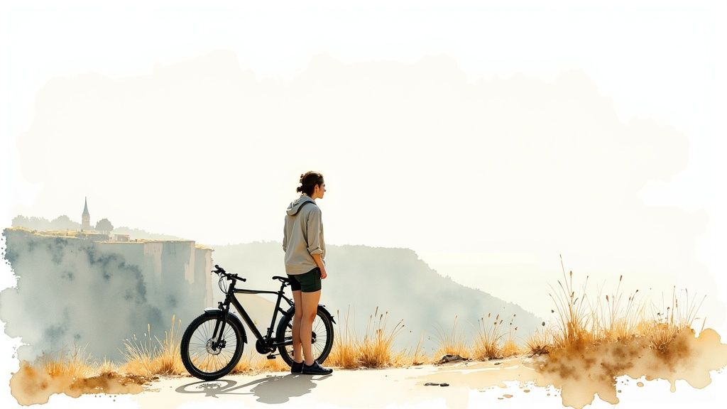 Radfahrer mit E-Bike steht auf Hügel und genießt Panoramablick auf Landschaft