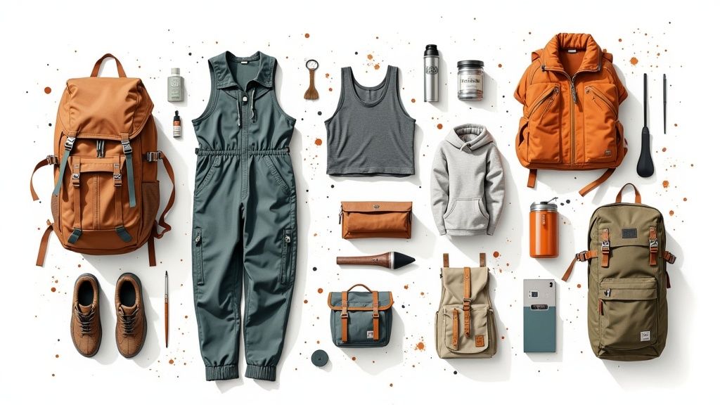 Eine minimalistische Packliste für den Jakobsweg, ordentlich auf dem Boden ausgelegt.