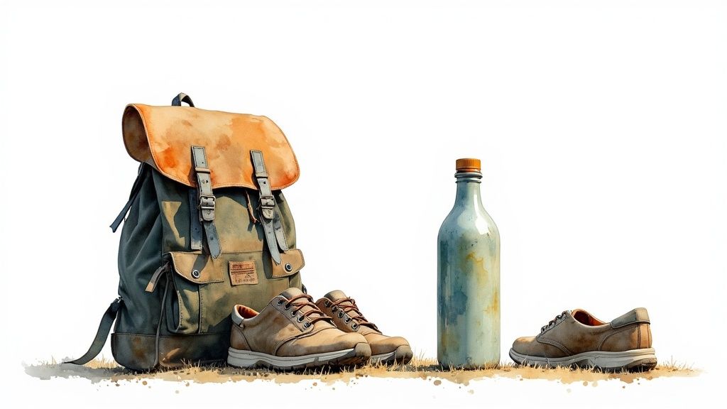 Eine Pilgerin packt ihren Rucksack mit Blick auf die Berge des Camino de Santiago