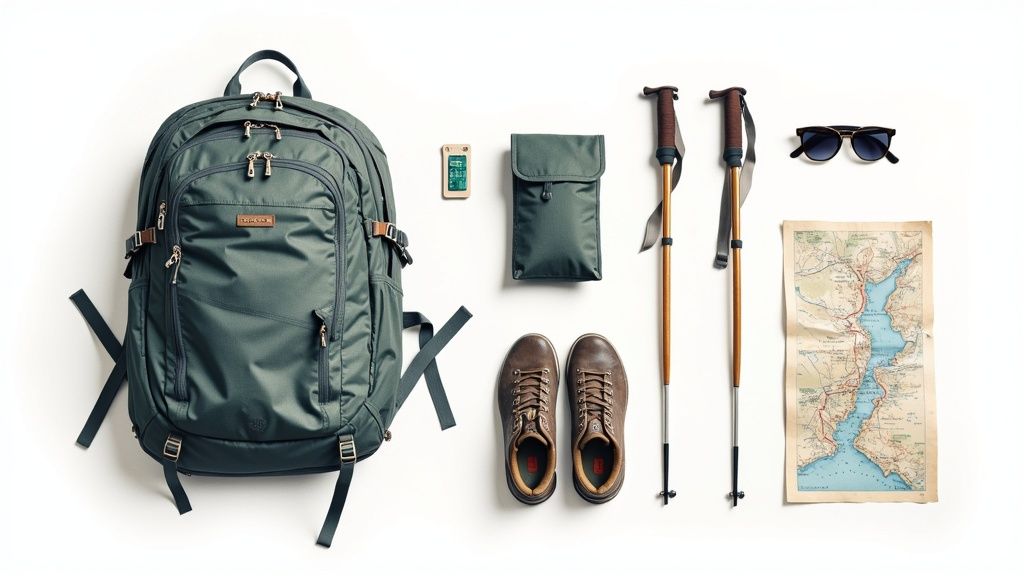 Ein Pilger mit einem gut gepackten Rucksack steht auf einem Holzsteg am Camino Portugues Küstenweg und blickt auf den Atlantik.