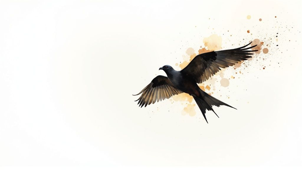 Dunkler Vogel im Flug, umgeben von warmen Aquarellspritzern, symbolisiert Freiheit in der Natur.