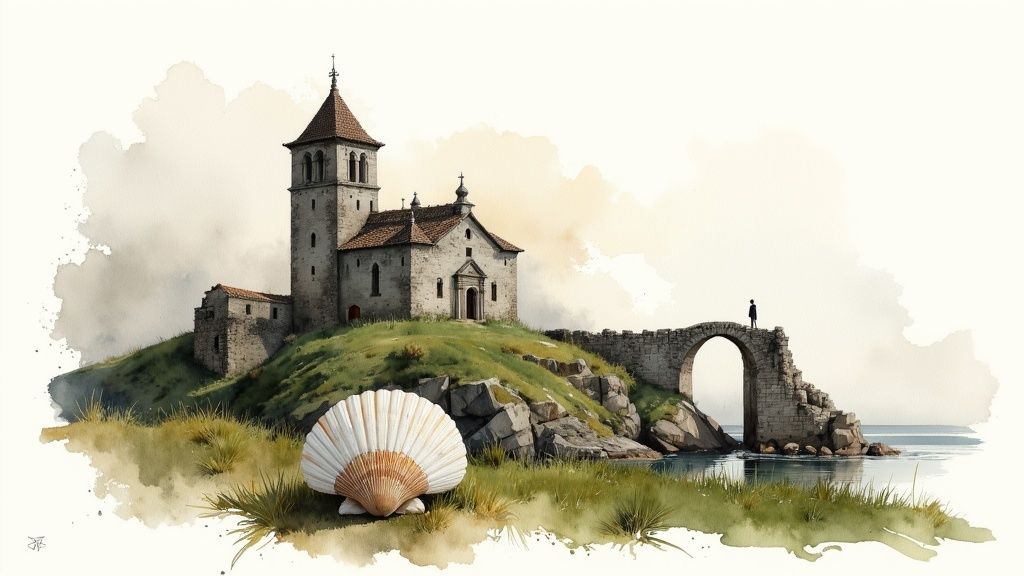 Alte Steinbrücke auf dem Camino del Norte in einer grünen Landschaft